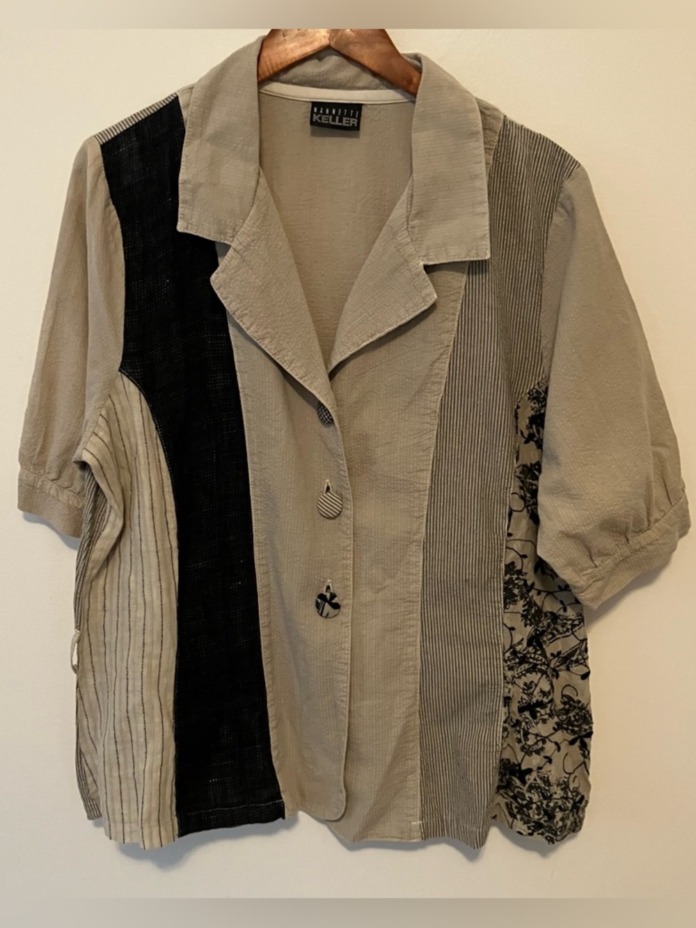 Women’s Patchwork Tan Black Blouse Cotton  Linen Blend XL Artsy Neutral Belt